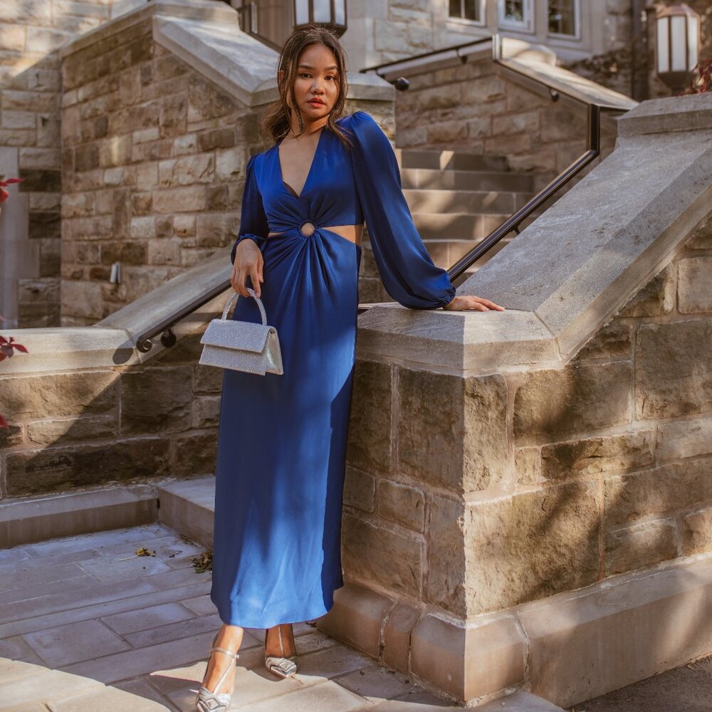 Ever New Royal Blue Satin Maxi Dress with Center Ring Detail - Picture 8 of 10